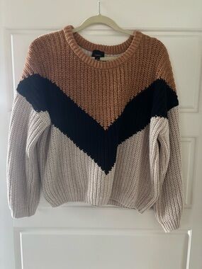 Lumiere Chevron Colorblock Crewneck Sweater - Camel, Black & Cream